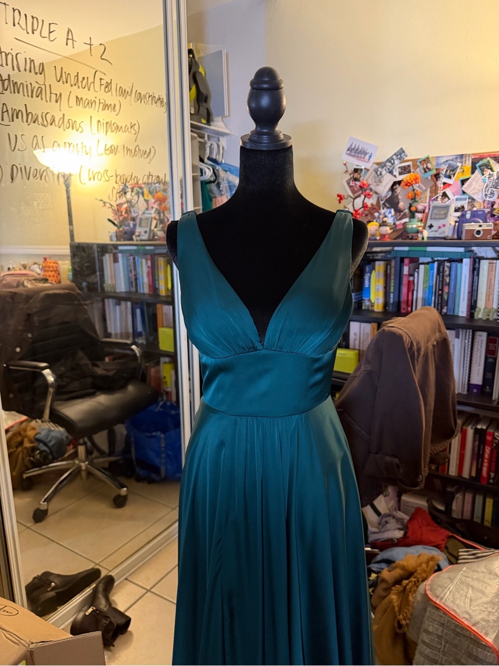 Cinderella Teal V-Neck Satin Prom Dress
